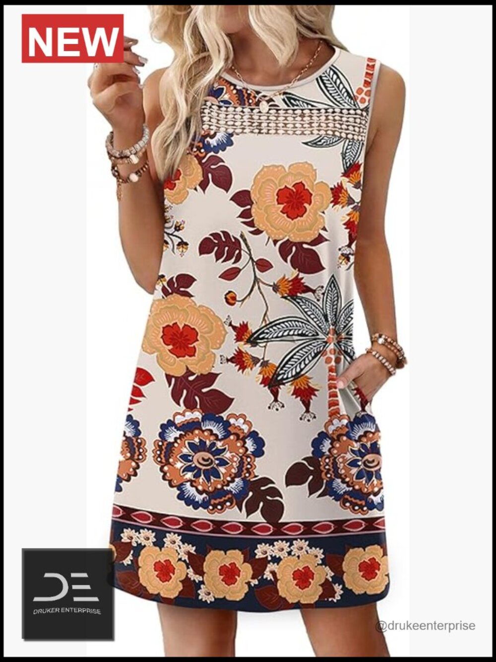 Lace Mini Tank Dress with Pockets, Loose Fit, Floral Pattern, Casual Summer
